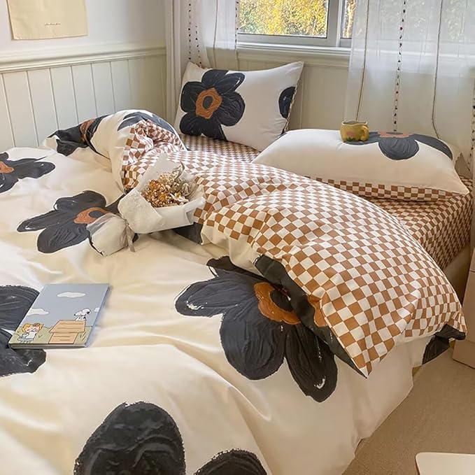 Houseri Black Floral Duvet Cover King 3D Sunflower Beige White and Black Bedding Duvet Cover King Size Girls Kawaii Dorm Comforter Cover Soft Women Flowers Duvet Covers Black Brown Plaid King