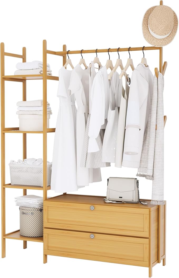 Bamboo Clothes Rack,Garment Rack with Drawers and Shelves,5 Tier Storage Shelves with 6 Hanging Hooks,Coat Rack Closet for Entryway Guestroom Kids Bedroom (39.4inch Width Natural)