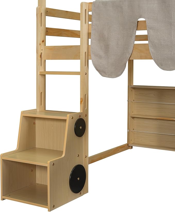 Playhouse Design Full Size Wood Loft Bed with Slide and Tent, Low Loft House Bed Frame with Storage Shelves and Removable Car-Shaped Staircase for Kids Teens Boys Girls Bedroom (Natural-PT)