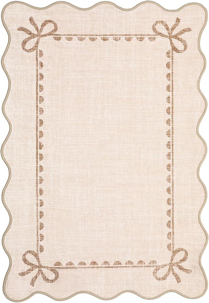GarveeHome Scalloped Bow Rug for Kitchen Floor, Solid Beige Rug for Dorm, Washable Entryway Rugs 2x3 Soft Low Pile Non Slip Scalloped Rugs for Nursery Bedroom Decor Hallway