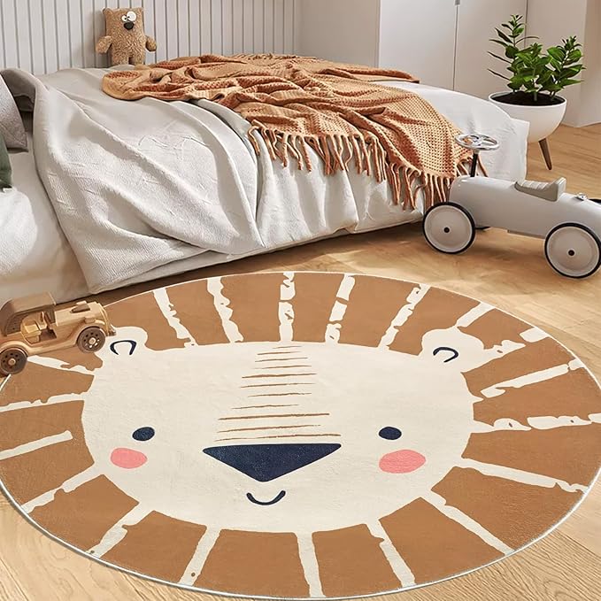 ABREEZE Large Round Kids Play Mat 5.3ft,Lion Nursery Rug Fluffy Faux Wool Kids Rug Soft Plush Non-Slip Childrens Carpet for Bedroom Living Room Playroom,Brown