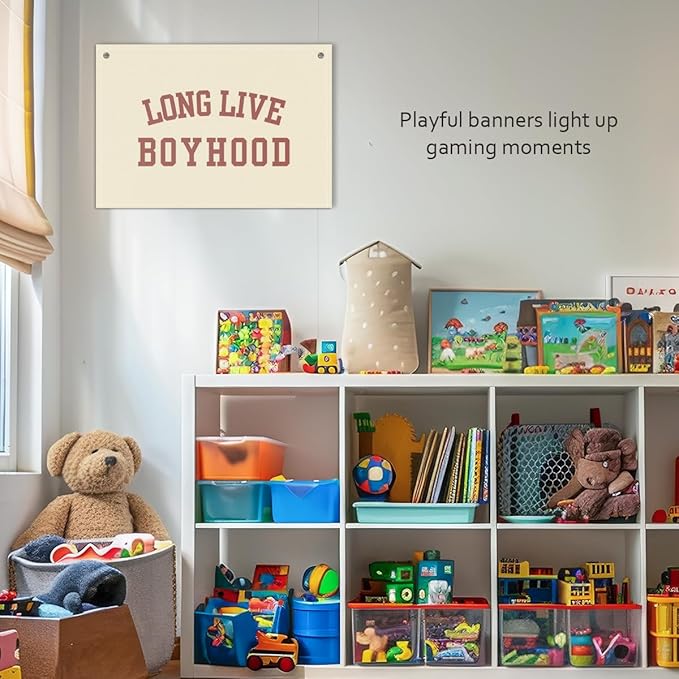 Long Live Boyhood Boys Room Decor - Linen Nursery Banner for Toddler Room Decoration, Farmhouse Kids Wall Hanging, Canvas Banner Flag for Baby Shower, Birthday Gift - A14