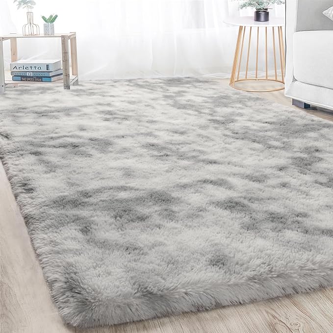 Merelax Soft Area Rugs for Livingroom Bedroom, Shaggy Plush Fuzzy Fluffy Carpet Furry Fur Rug, Modern Indoor Comfy Nursery Kids Dorm Home Decor Floor Mat, 3 x 5 ft, Tie-Dyed Light Grey