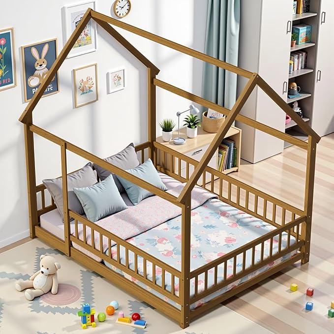 LLS Full Size Montessori Floor Bed Frame with Slats and Fence, Wooden House Bed for Boys Girls Bedroom, Light Espresso