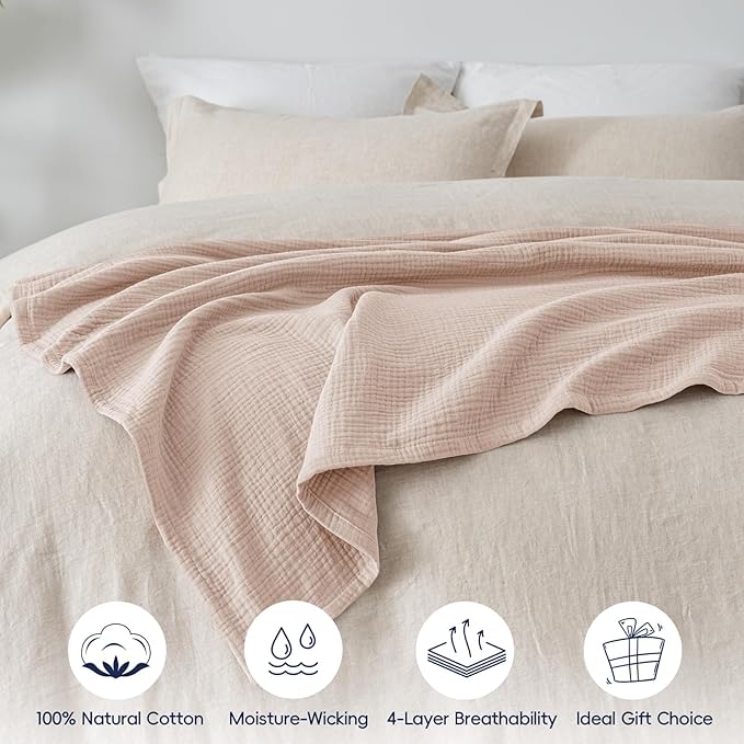 PHF 100% Cotton Muslin Blanket Twin XL Size 66"x90", 4-Layer Lightweight Gauze Throw, Breathable Cloud-Soft Minimalist Blanket for Bed, Couch, Camping & Baby, Dusty Pink, Ideal Gift