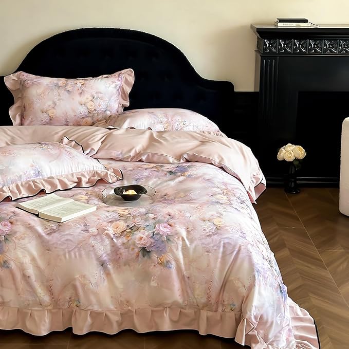 HighBuy Ruffle Floral Bedding Duvet Cover King,Durable Brushed Cotton Breathable Cottagecore Bedding Set for Women Girls,1 King 104"x90" Duvet Cover and 2 Ruffle Pillowcases