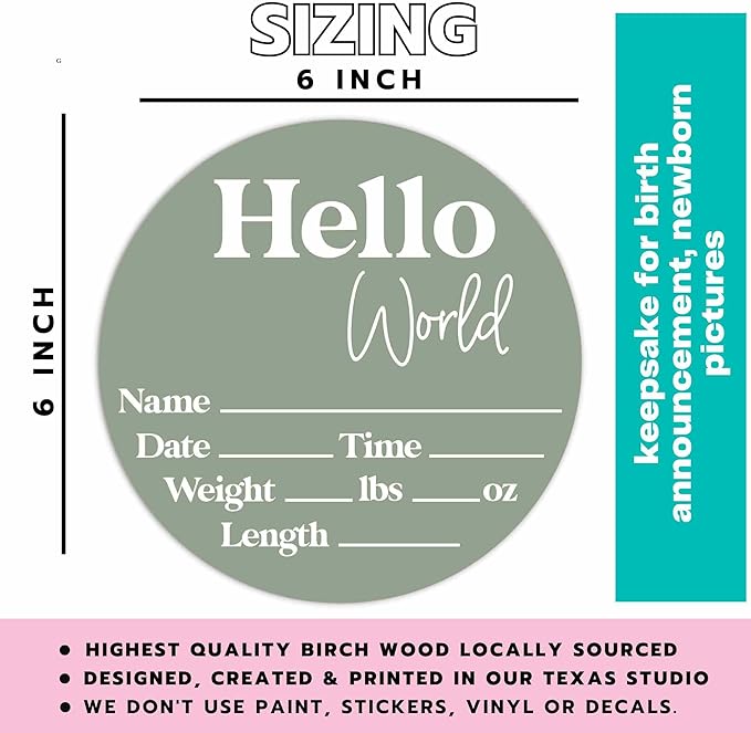 Hello World Newborn Sign - Baby Name Birth Announcement Plaque for Hospital - Photo Prop - Sage Green Nursery Decor - Shower Gift