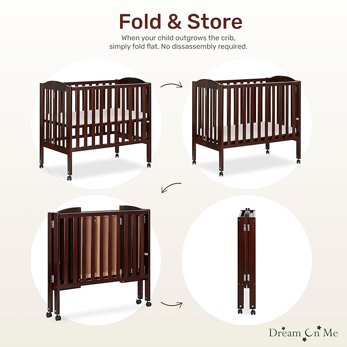 Dream On Me 2-in-1 Folding Portable Compact Mini Baby Crib in Espresso, GreenGuard Gold & JPMA, US Patented Flat Folding System, Locking Wheels,1″ Mattress Pad, Space-Saving Quck Fold Easy Storage