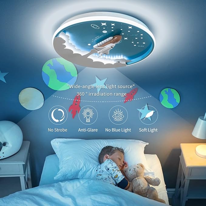 Kids Room Ceiling Lamp 20" Kitchen Ceiling Light with Remote Control 3000k-6000k Blue Cartoon Rocket Semi Flush Mount Ceiling Lights for Bedroom
