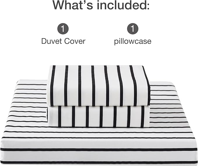 JELLYMONI 100% Natural Cotton 2pcs Striped Duvet Cover Sets, White Duvet Cover with Thick Black Stripes Pattern Printed Comforter Cover, with Zipper Closure & Corner Ties(Twin Size)