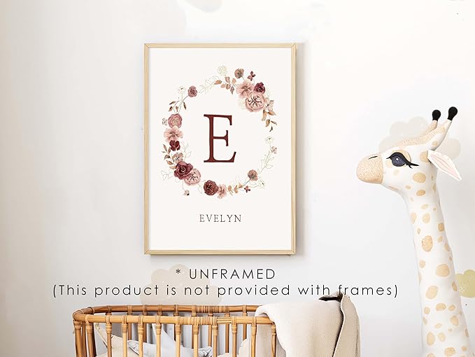 Personalized Name Flower Nursery Wall Art Prints, Crib & Nursery dรฉcor, Newborn Baby Girl Gift Present, Floral Baby Girl Room Pictures, Poster For Baby And Kids (1 Print, Flower 1)