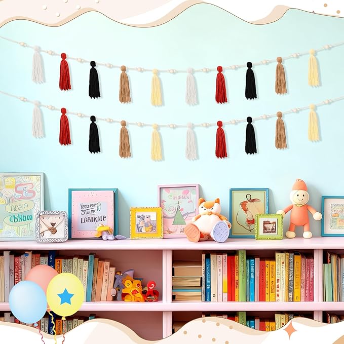 2 Pcs Tassel Garland with Wood Beads, Handmade Cotton Yarn Wall Hanging Banner Boho Tassel Wall Hanging Party Decor for Nursery, Birthday Baby Shower Home Classroom Decoration(Retro)
