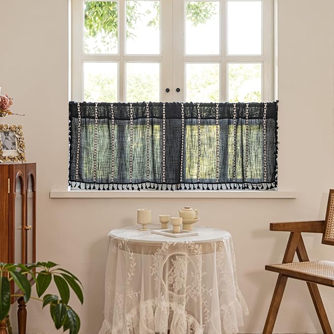 Deeprove Black Boho Curtain Valance for Cafe Kitchen Closet Doorway Cottage Decor, Gothic Sheer Bohemian Farmhouse Cotton Linen Short Panel Tassel Vintage Chic Window Drape W52 x L18, 1 Piece