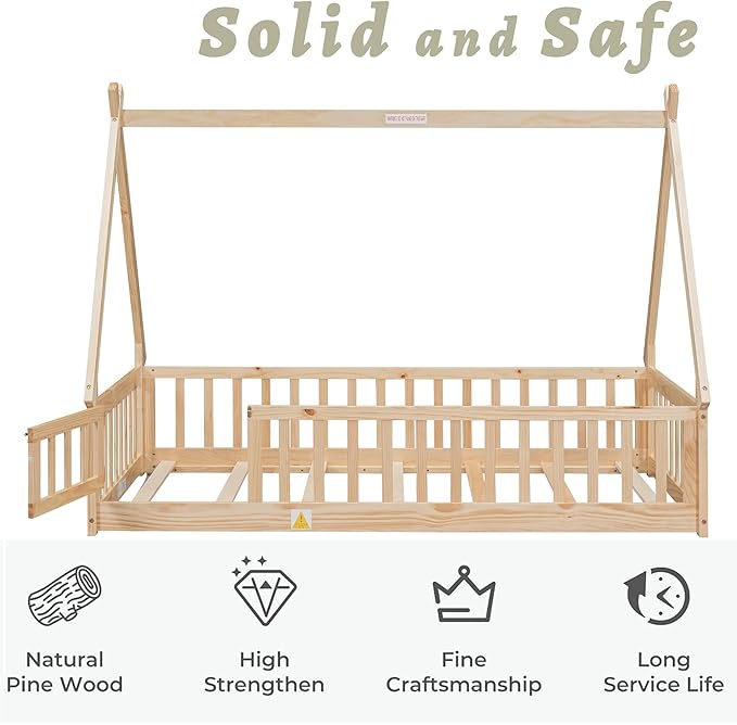 Twin House Bed Frame with Fence Rails and Door,Wood Montessori Floor Bed with Slats Support,Teepee Tent Beds Kids Bed Frames for Girls Boys, Natural