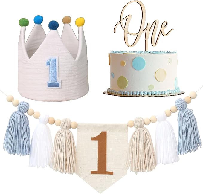 Baby Boy 1st Birthday Party Decorations For Handmade Tassel Garland Highchair Banner With Cake Topper Crown Hat