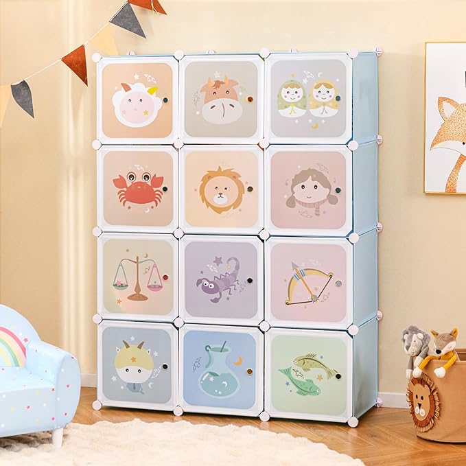 INFANS Children Wardrobe, Kid Closet Portable Baby Dresser Cute for Kids Bedroom Nursery Armoire with Doors 12 Cube 2 Hanging Sections, Kid Clothes Storage Organizer