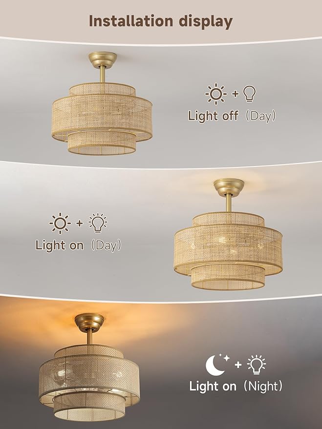 Boho Fandelier Ceiling Fan with Light Rattan Chandelier Fan Remote Gold Caged Ceiling Fan with Light for Bedroom, Living Room Nursery Foyer Kitchen(6 Speed, Timing Adjustable Height)