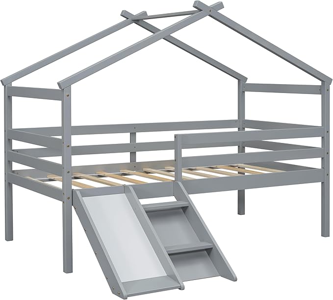 Twin Size Low Loft Bed with Slide and Ladder for Kids Boys Girls, Solid Wood House Roof Loft Bed Frame with Safety Guardrails, Sturdy Slat Support (Grey-50)