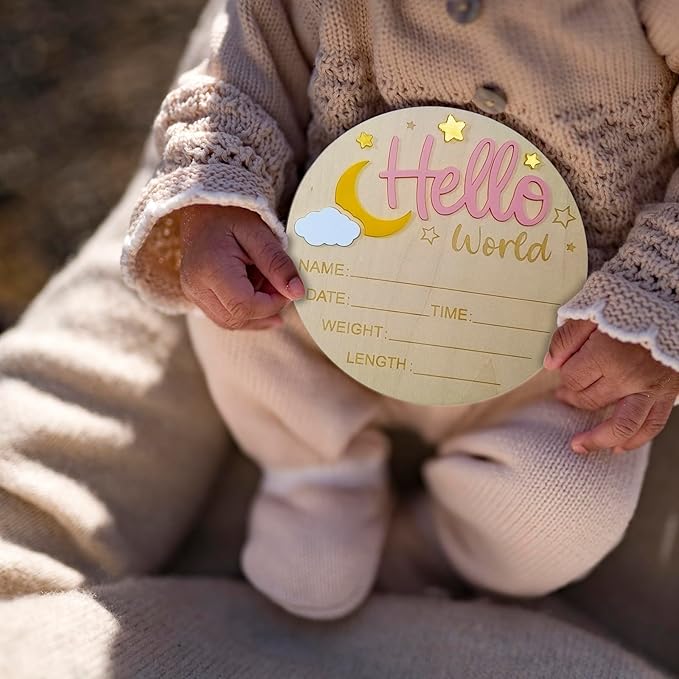 2Pcs Baby Announcement Sign Set, 5.9 Inch Hello World Newborn Sign and IT’S A Girl Welcome Signs, Baby Name Sign with Ink Pad for Hand & Footprints, 3D Wooden Birth Gifts for Hospital Shower Nursery