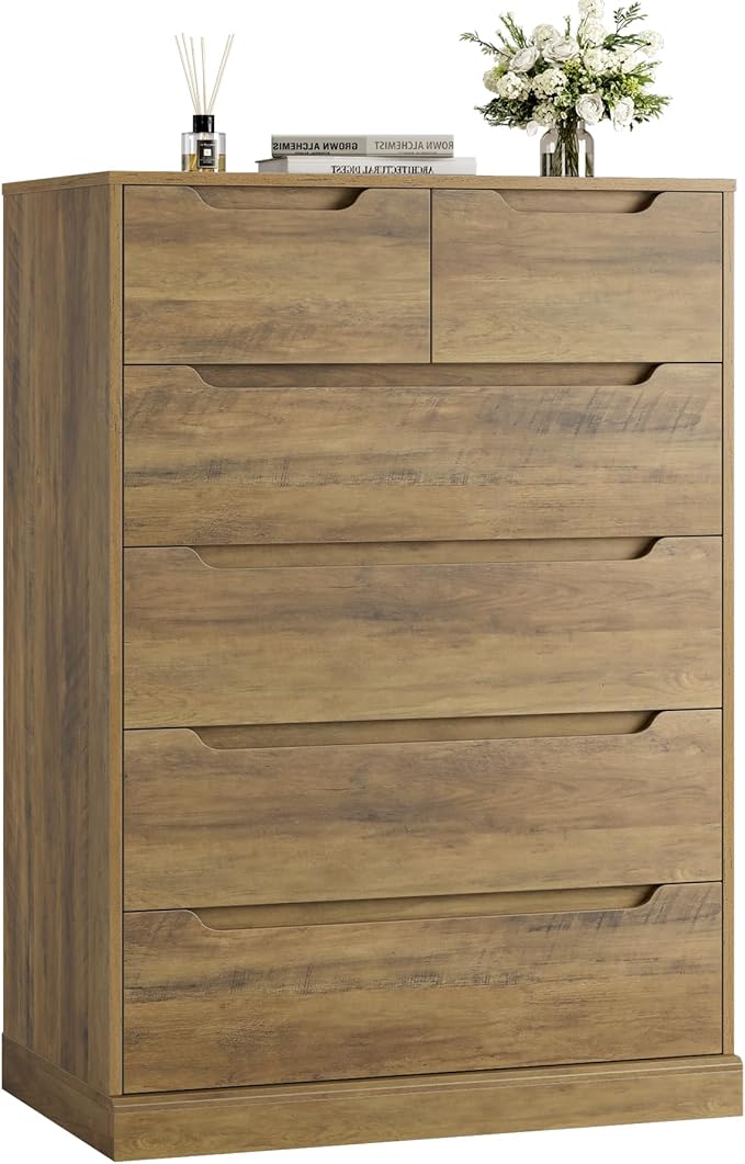 HOSTACK Modern 6 Drawer Dresser for Bedroom, Tall Chest of Drawers with Storage, Large Wood Storage Chest Organizers with Cut-Out Handles, Accent Storage Cabinet for Living Room, Hallway, Rustic Brown