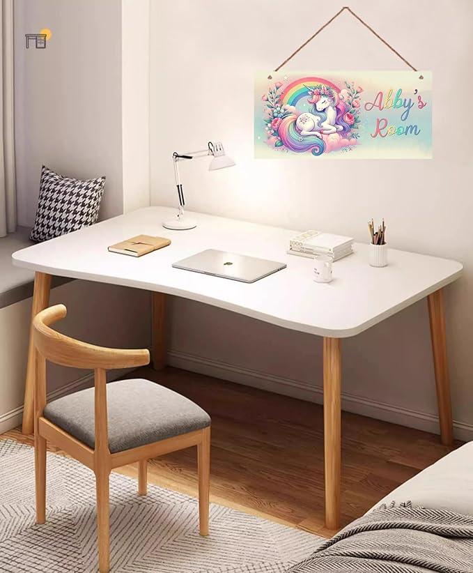 Personalized Rainbow Unicorn Flowers Door Sign Girls Bedroom Kids Nursery Wall Decor Custom Name Art Wooden Plaque For Home Kitchen Garden Yard Wall Club Front Door Decor