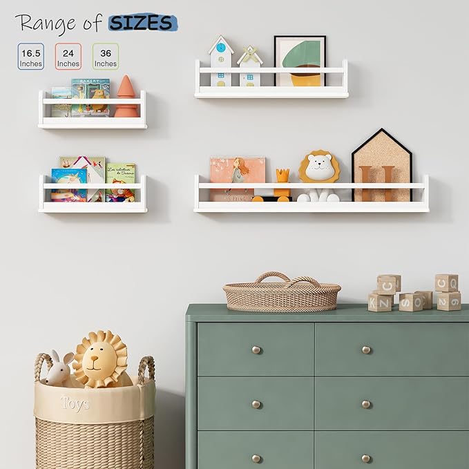 Upgraded White Nursery Book Shelves for Wall, Floating Kids Bookshelf Wall Mounted, Wood Baby Girls Boys Toddler Children Hanging Bookshelves for Kids Room Bedroom Playroom- Set of 3