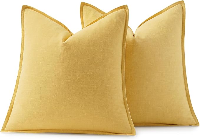 MIULEE Decorative Linen Euro Sham Pillow Covers 24x24 Yellow Boho Farmhouse Neutral Couch Throw Pillows for Bed Pack of 2 Accent Modern Pillowcase Summer Sofa Livingroom Home Decor