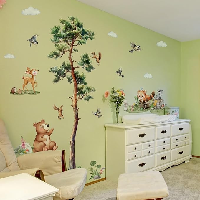 Large Pine Tree Wall Decal Forest Animal Wall Stickers 6 Sheets Woodland Animals Bear Decor Waterproof Peel and Stick Wall Murals Decals for Nursery Boys Bedroom Classroom (Jungle Pine Tree)