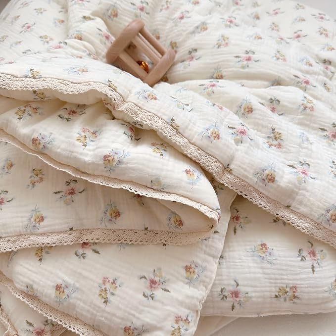 BuLuTu Shabby Chic Floral Quilt for Full Size Bed Blankets Muslin Cotton Summer Quilts Lightweight Soft Kids Comforter for Girls Teens Azalea Pattern, 79"x90", 3.9 Pounds, No Pillowcases