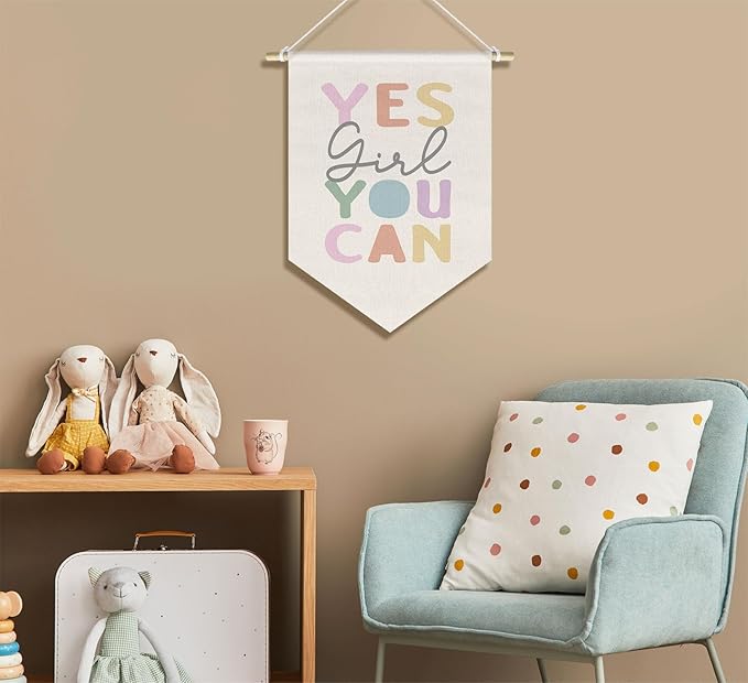 Motivational Nursery Kids Girls Room Decor Inspirational Baby Girl Toddler Room Bedroom Classroom Wall Decor, Yes Girl You Can Banner Pennant Hanging, 15x11in