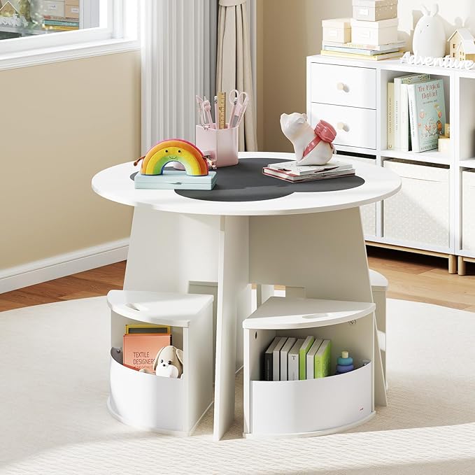 HONEY JOY White Kids Table and Chair Set, Children Activity Play Table with 4 Storage Stools for Art Craft, Nesting Design Toddler Table and Chair Set for Playroom, Daycare, Gift for Boys Girls