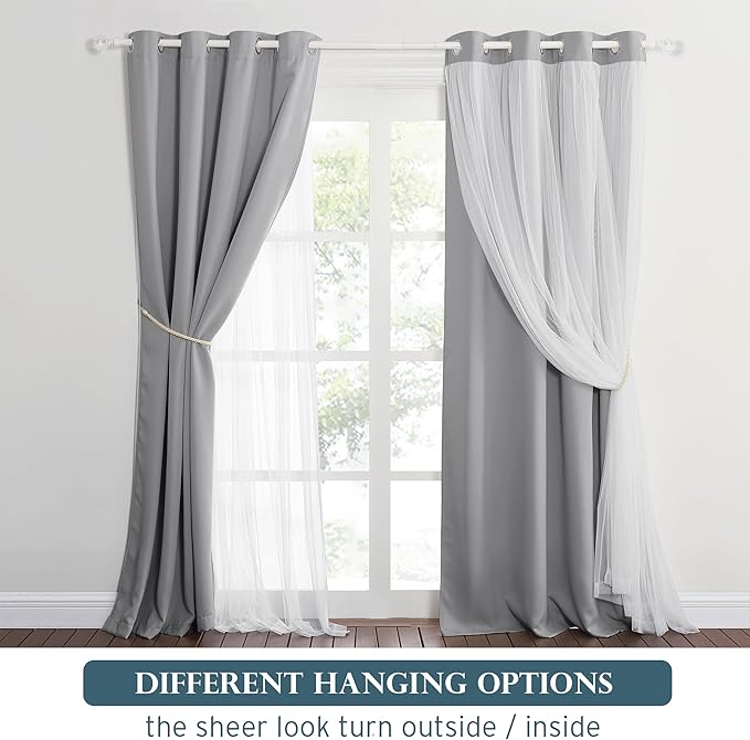 PONY DANCE Blackout Curtains 84 Inches Long - White Sheer Overlay Double Layer Thermal Insulated Drapess for Living Bedroom with Tiebacks,(W52 x L84 inch, Silver Grey, One Pair Grommet Drapes)