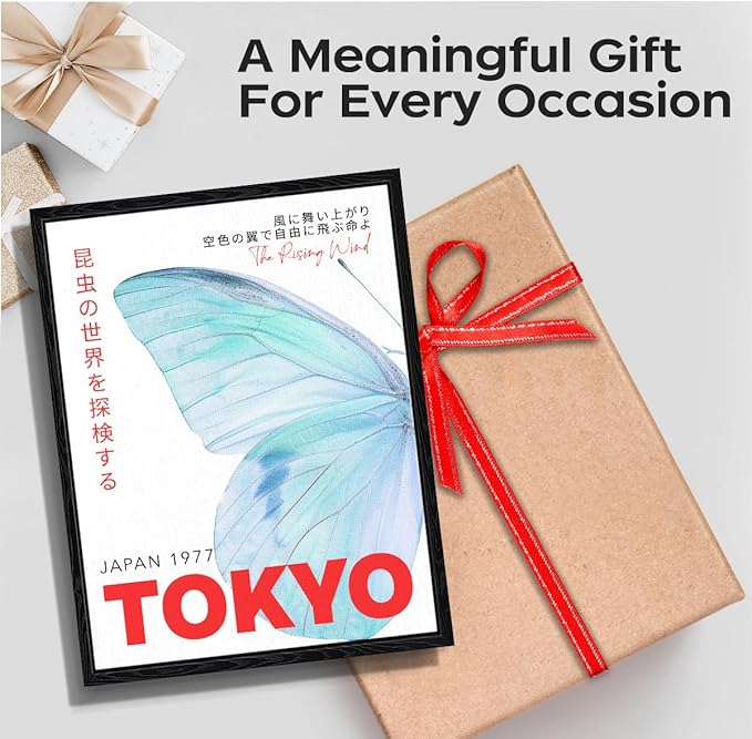 Tokyo Butterfly Wall Art, sky blue butterfly, Japanese retro wall decor, matte finish framed canvas print, Tokyo travel poster artwork, for travel lovers gift, 12x15 inch