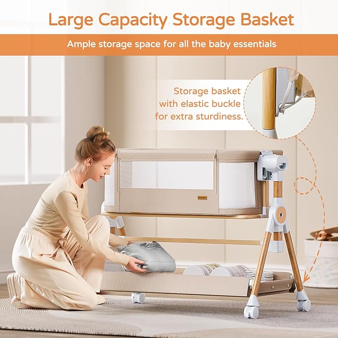 Baby Bassinet,Bedside Bassinet for baby, Rocking bassinet with Storage Basket and Wheels, Adjustable 6 Heights and All Mesh Sides,Portable Babys Bassinets Bedside Sleeper for Newborn Infant