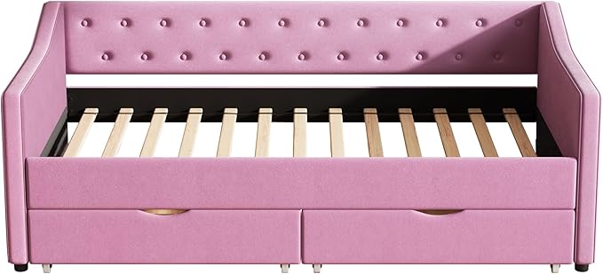 Ball & Cast Twin Size Daybed with Storage Drawers,Linen Upholstered Day Bed Frame with Button Tufted Back and Waved Shape Arms for Bedroom,Guest Room,No Box Spring Needed,Pink