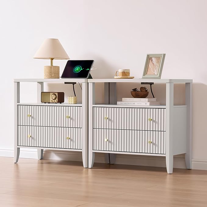 Fluted Nightstand with Charging Station, 27.3" Wide Modern Bedside Table with 2 Drawers & Open Shelf, Large Wood End Table with Storage & Metal Handle for Bedroom, Cream White