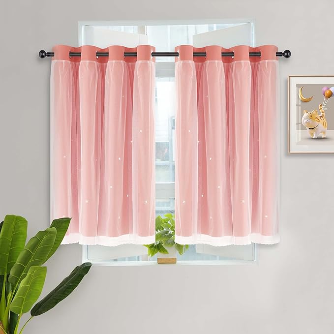Kinryb Princess Small Curtains for Girls Bedroom with Sheer Overlay,Double Layer Curtain for Living Room with Star Cutout, Curtains for Kids Room (52 W*36 L Inches, 2 Pcs Coral)