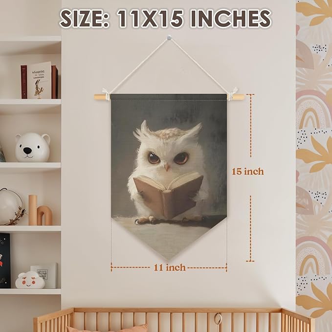 Wheatwin Kids Room Decor, Cute Owl Reading Book Wall Hanging Pennant Flag Banner, Owl Wall Decor for Boys Girls Toddler Nursery Reading Corner Nook Room Bedroom Classroom 15x11 Inch