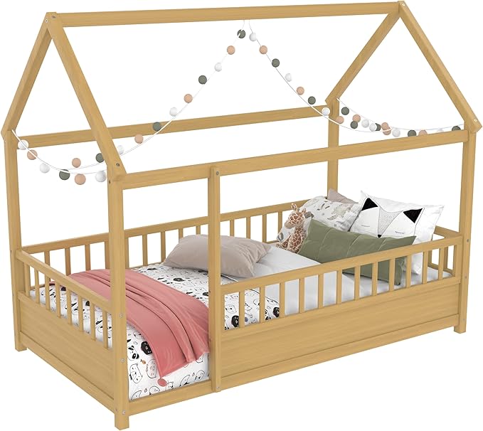 Ball & Cast Twin Size House Bed Frame,Montessori Floor Bed with Safety Fence and Roof for Kids,Wood Platform Bedframe W/Open Door for Girls Boys,Bedroom,Playroom,Easy Assembly,Natural