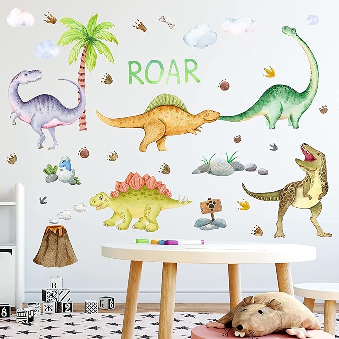 Sinekong Dinosaur Wall Decals Glow in The Dark Vinyl Watercolor Dinosaur Decal Large Removable Dino Wall Stickers for Boys Bedroom Kids Girls Baby Nursery Playroom Living Room Wall Decor