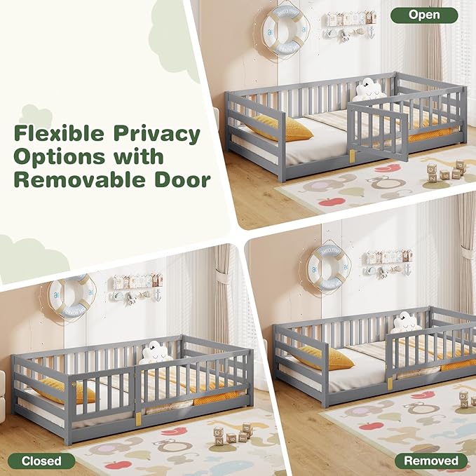 KOMFOTT Twin Size Wood Floor Bed with Door & 21.5” Fence, Montessori Bed Frame with Full Length Safety Guardrails, Door & Latch, Wooden Montessori Floor Bed for Kids, Girls, Boys