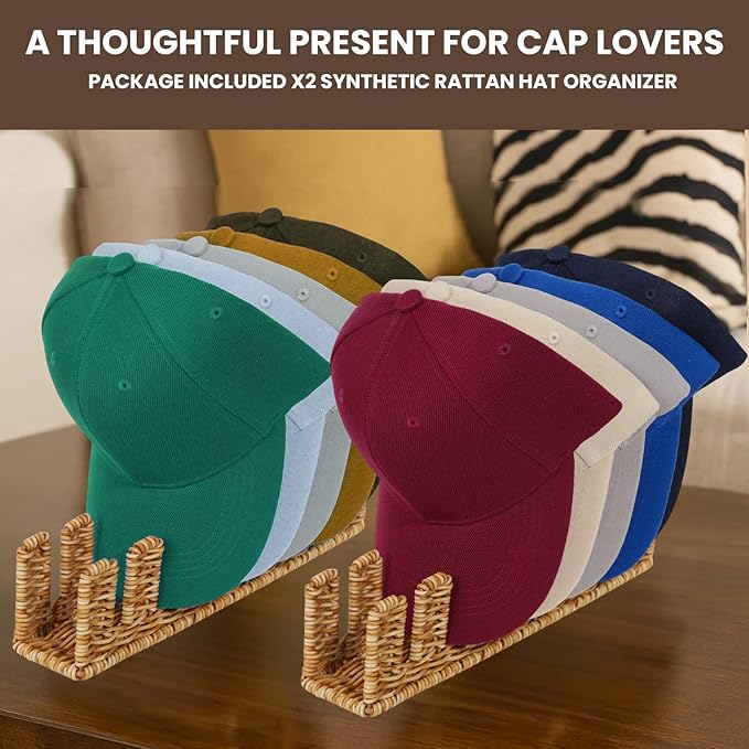 Synthetic Rattan Hat Organizer for Baseball Caps – Holds 14 Snapbacks, Trucker & Flat Brim Hats – Stylish Freestanding Display & Storage Rack for Closet, Bedroom, Entryway (2-Pack, Natural)