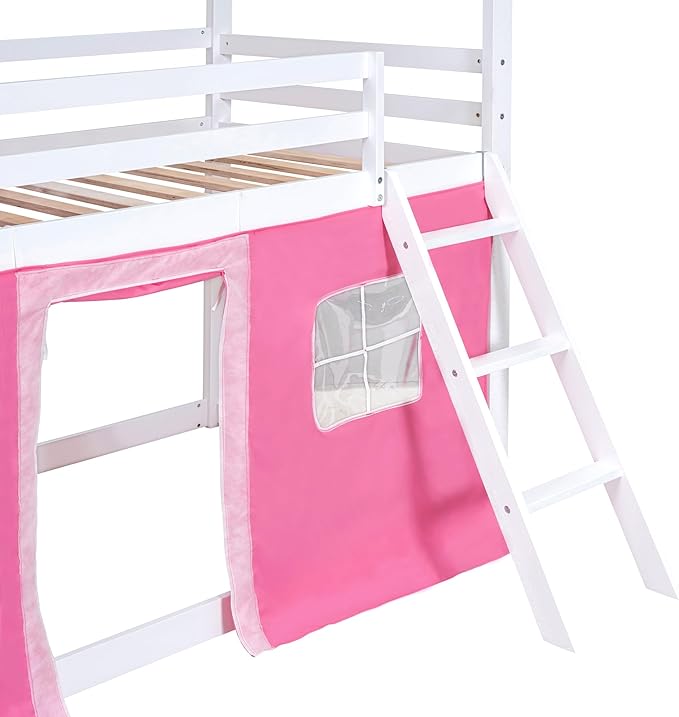 Full Size House Bunk Bed with Elegant Windows and Sills, Solid Wood Tent Bed Frame with Guardrails for Kids Teens Boys Girls, Versatile Spacious Under Bed Space with Curtains (White+Pink C)
