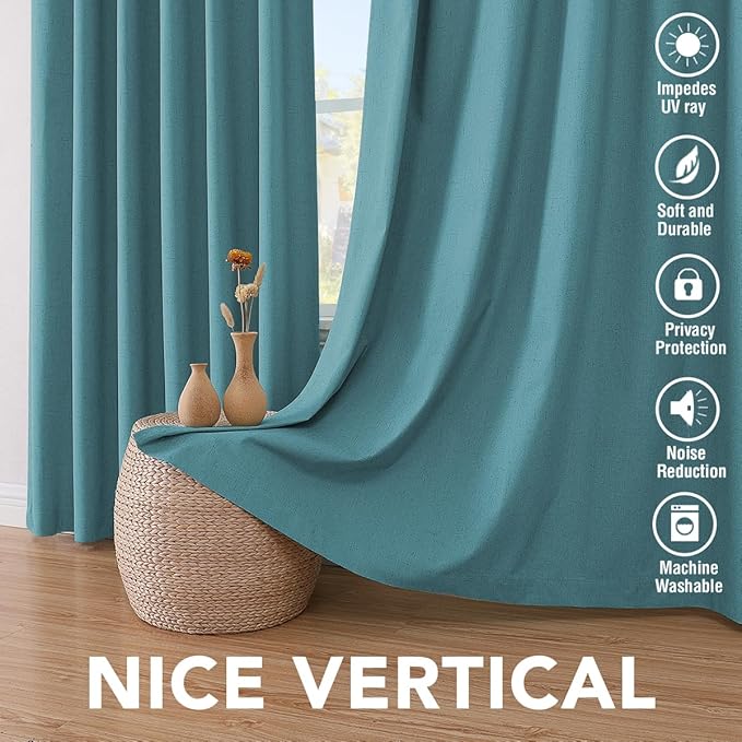 H.VERSAILTEX Linen Blackout Curtains 54 Inches Long 100% Absolutely Blackout Thermal Insulated Textured Linen Look Curtain Draperies Anti-Rust Grommet, Energy Saving with White Liner, 2 Panels, Teal