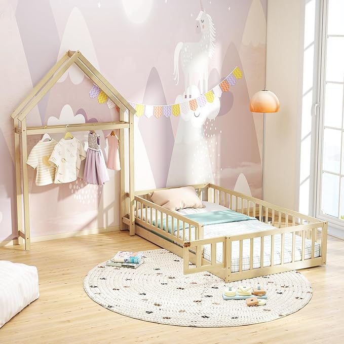 MAT EXPERT Twin Floor Bed with House-Shaped Headboard, Montessori Kids Bed with Detachable Clothes Hanger, Full Length Safety Guardrails, Solid Wood Twin Bed Frames for Kids (Natural)