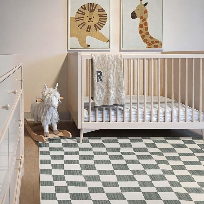 jinchan 5x7 Checkered Area Rugs for Kids Room - Machine Washable Soft Rug Modern Geometric Lattice Non-Slip Carpet for Nursery Playroom Classroom Living Room Bedroom Dining Room Home Office Grey