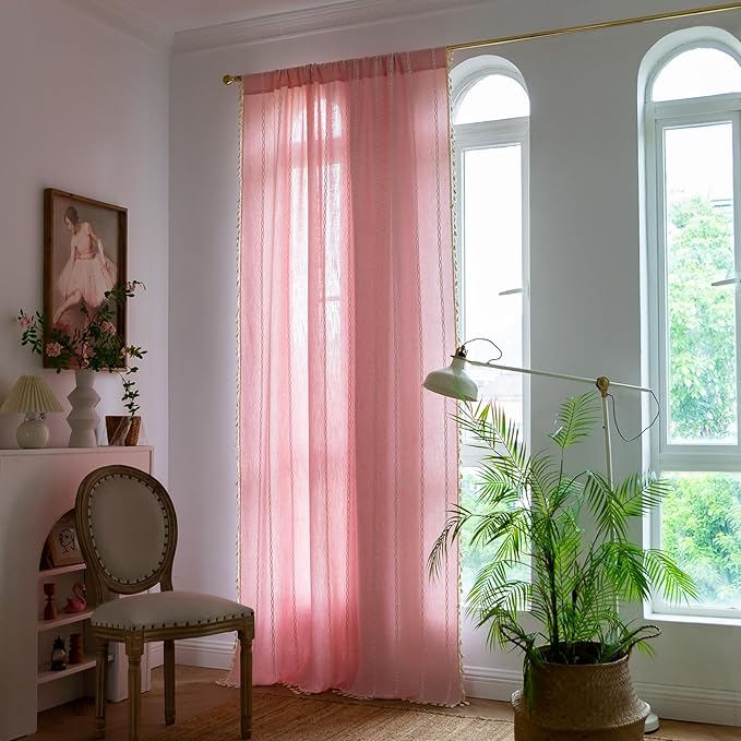 Deeprove Pink Boho Curtains 63 inches Length for Baby Girl Bedroom Nursery, Vintage Bohemian 63 inches Long Embroidery Farmhouse Light Filter Country Tassel Window Treatments, W52 x L63, 1 Panel
