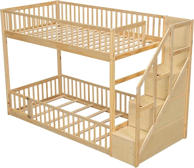Twin Over Twin Floor Bunk Bed with Storage Staircase, Solid Wood Bunk Bed Frame with Full Length Fence-Shaped Guardrails for Kids Teens Adult Bedroom, Space Saving Design (Natural-Twin/Twin)