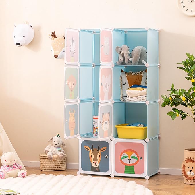 Costzon Kids Closet, Cartoon DIY Modular Dresser Storage Organizer with 8 Cubes & Clothes Hanging Rack, Portable Armoire for Baby Toddlers, Kids Wardrobe for Bedroom Nursery, Blue