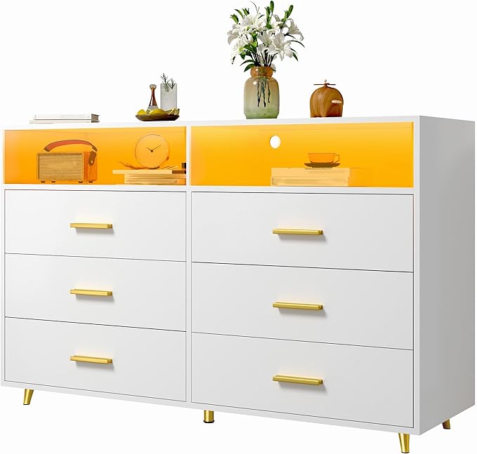 EnHomee White Dresser with LED Lights, 6 Drawers & 2 Open Shelves Top Dresser for Bedroom, Wood Chests of Drawers